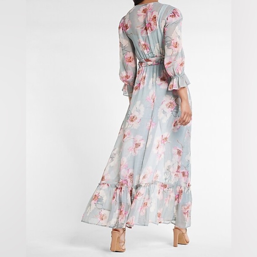 NWT Express Light Floral Tie Waist Maxi Dress Coverup Sage Green Pink Size M/L